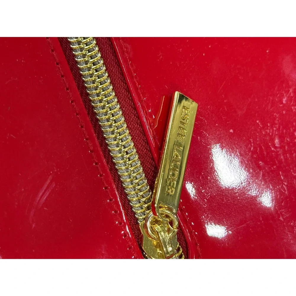 Estee Lauder Red Patent Leather Vanity Cosmetic Makeup Case‎ Bag Gold Zipper
